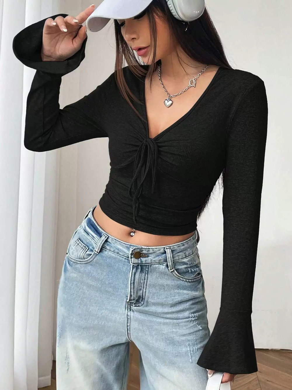 ZARA Summer Elegant Solid Pullover Long Bell Sleeve Cropped Top